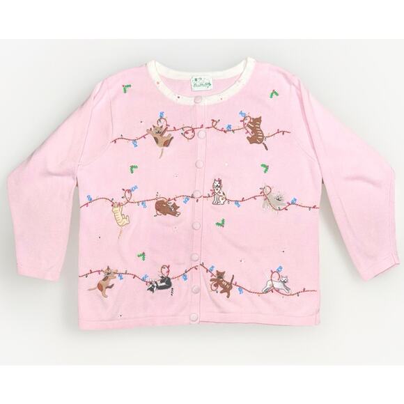 Quacker Factory LG Pink Playful Cat Christmas Light Holiday Sweater Cardigan Top - Picture 1 of 9
